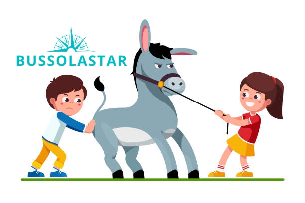 Smiling preschool kids girl pulling stubborn donkey on reins and unhappy boy pushing it. Kids playing together with donkey. Pulling and pushing children cartoon characters. Flat vector illustration isolated on white background.